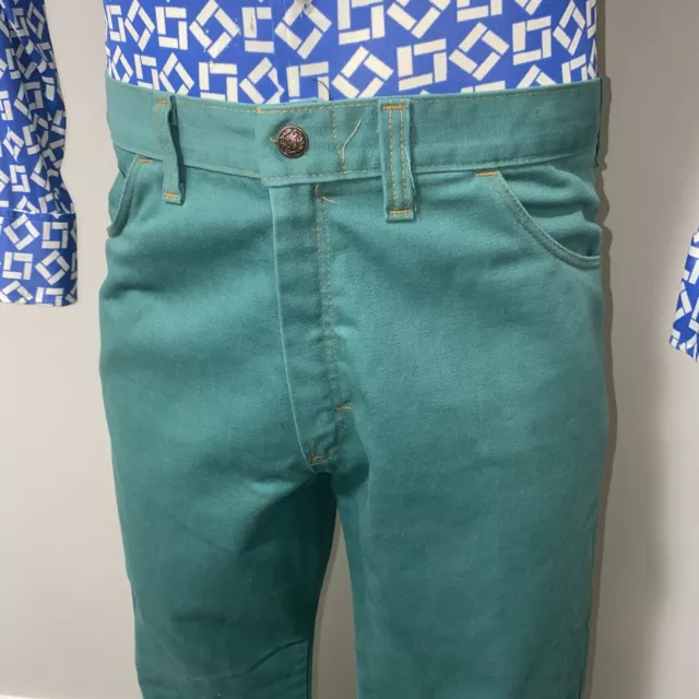 Vtg 60s 70s Pants Mens 33 30 Green PolyCotton Disco Hippie Flare Leg Low Rise