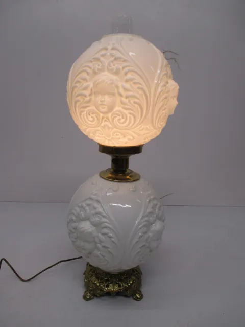 Vtg GWTW Hurricane Table Lamp Electric White Milk Glass Cherub Angel Face 2Light