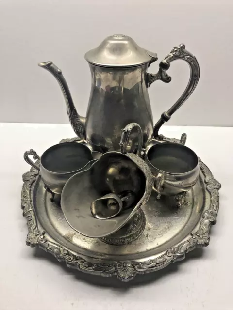 Antique Silver Plated Tea Set Teapot Tray Sugar Bowl Milk Jug Scoop 1950's