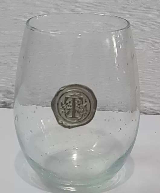 Stemless Wine Glass Handblown Monogram "T" Pewter Bubble Southern Jubilee