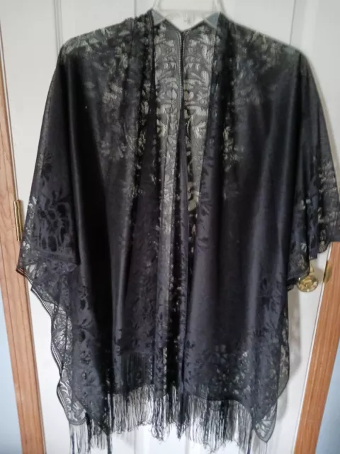 Womens Black Lace Kimono Duster with Fringe One Size-Fits Plus Size up to 3X