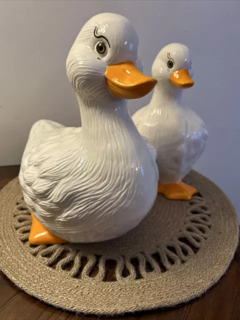 Vintage Large Ceramic White Ducks Set Of 2 Glossy Paint Finish