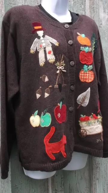 Vintage Fall Novelty Sweater Susan Bristol XL 1X Scarecrow Apples Thanksgiving