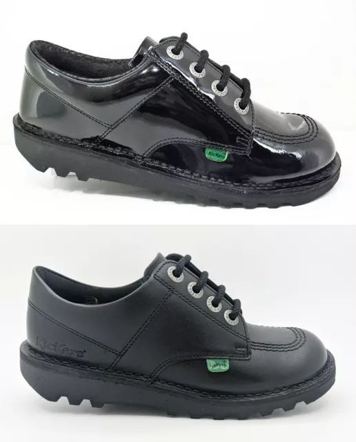 New KICKERS Kick Lo Black Leather Shoes Patent Girls Boys School Lace Sale 12-6