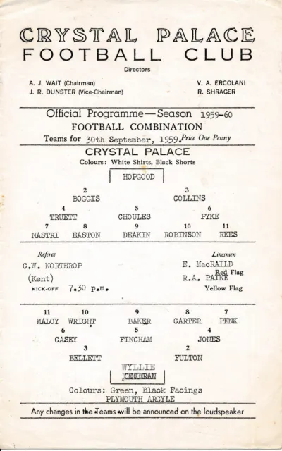 Crystal Palace Reserves v Plymouth Argyle (Combination) 1959/1960