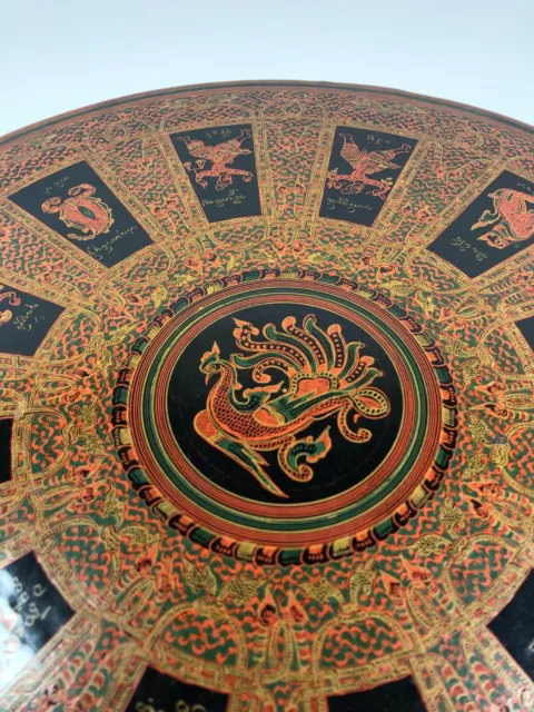 Vintage Burmese Lacquerware tray Hand Painted Red Black Betel Nut Wood Myanmar 2