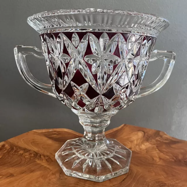 Antique RUBY Cut To Clear Crystal Pedestal Handles Vase Bowl Centerpiece Rare
