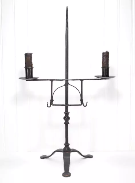 Antique Primitive Gothic Double Arm Hand Forged Iron Adjustable Candelabra
