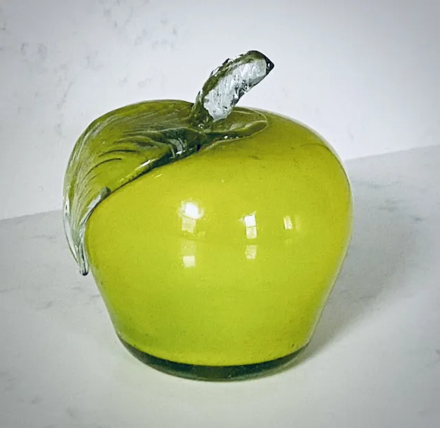 Hand Blown Art Glass Green Apple Heavy Paperweight Sculpture Decor Vintage Fruit