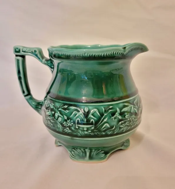 Vintage Mt. Mount Clemens Pottery Green Vouge Milk Jug Pitcher Ornate Embossed