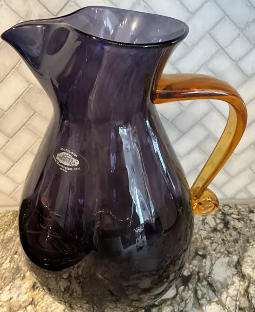 New Large Blenko Handblown Glass Amethyst Pitcher Applied Amber Handle