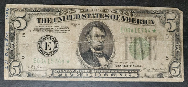 1934 $5 Federal Reserve STAR Note