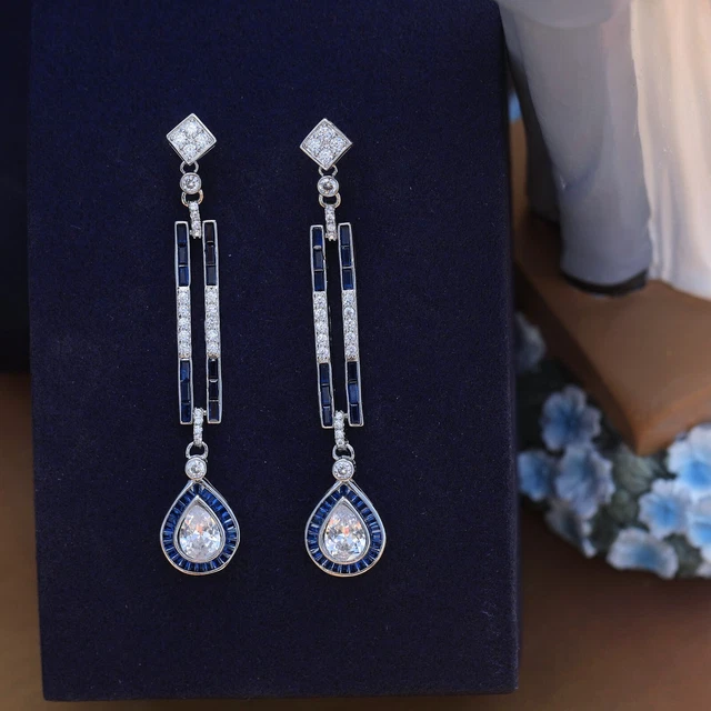 Boucles D'oreilles Clous Vintage Art Déco - Argent 925, Strass Blanc & émail Noir - Occasion (Royaume-Uni)