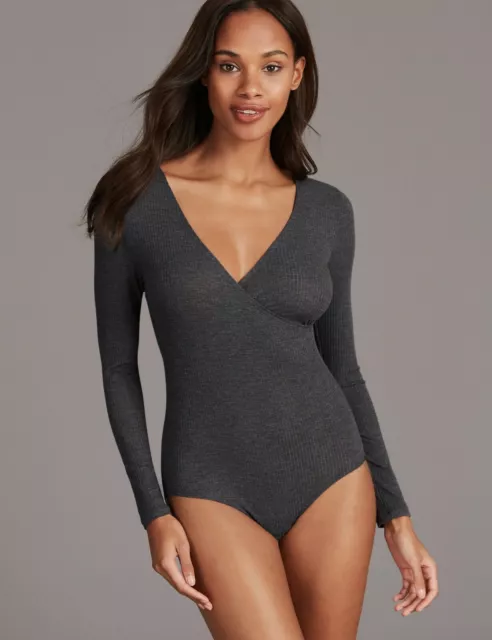 Ladies Ex Marks & Spencer Autograph Grey Ribbed Thermal Long Sleeved Body Bodysu