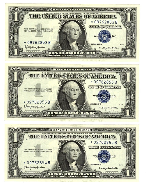 1957-B $1 Silver Cert. *Star* ~ Crisp Uncirculated 3 Notes In Serial # Sequence!