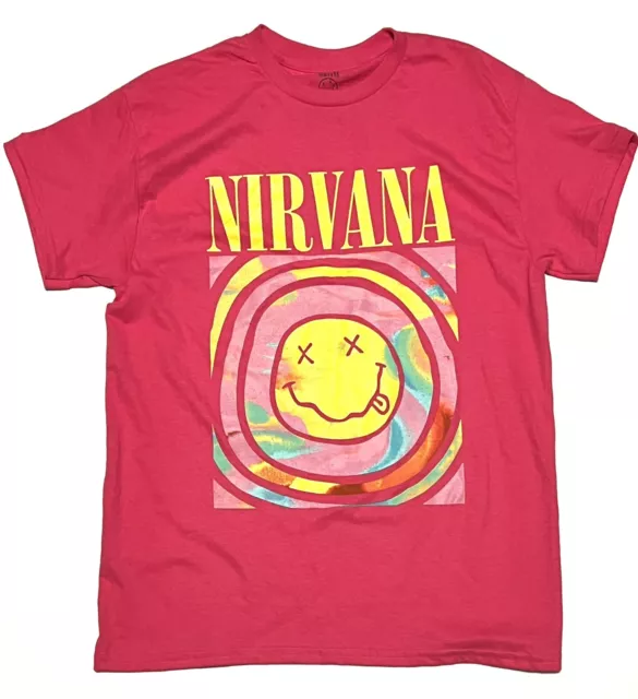 NIRVANA Women’s Smile Face Pink Rainbow Tee T-Shirt Size L Grunge 90’s *NO TAG*