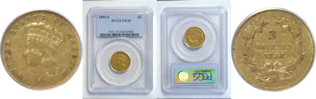 1855-S $3 Gold Coin PCGS VF-35