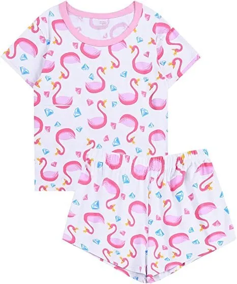 ABeCue Womens Cute Flamingo Dimond Set Pajamas Cartoon Tee and Shorts PJS Set M
