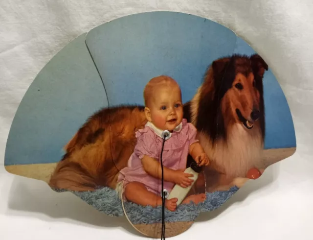 Vtg Tri-Fold Cardboard Fan Baby w Bottle Collie Advertising 10.5 Inches READ