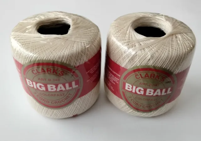 Lote 2 Nuevos Hilos de Crochet Clarks Big Ball 3 Cuerdos Talla 30 B-345 61 Ecru 500 Yardas