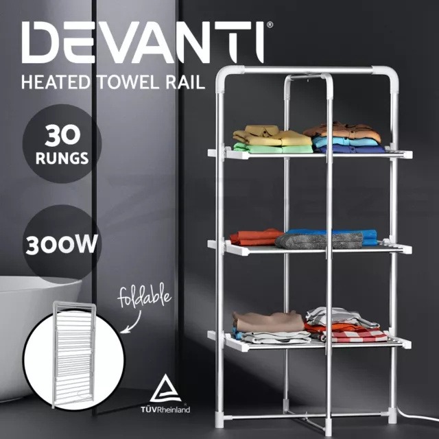 Devanti Electric Heated Towel Clothes Rail Rack Airer Dryer Warmer Stand 300W