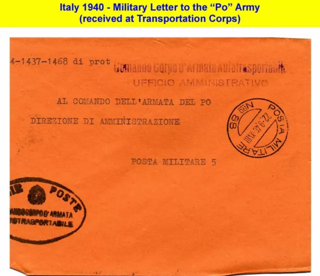 FASCIST ITALY HOMELAND DEFENSE @ Po-River Army HQ 1940 military postmarks (1011)