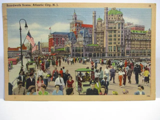 1940 Postcard" Boardwalk Scene, Atlantic City Nj " Rolling Chairs, Crowd, Cop ?