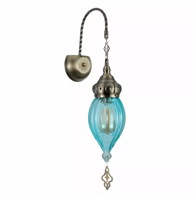 Blue Glass Antique Bronze Metal Body Moroccan Style Wall Light with E27 Fitting