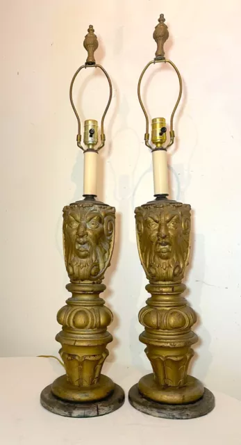 Pair antique Large hand carved Victorian wood architectural salvage table lamps