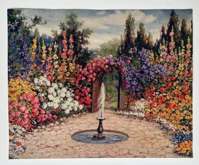 Vintage R. Atkinson Fox 15x19 Print, Colorful Romantic Garden, Fountain