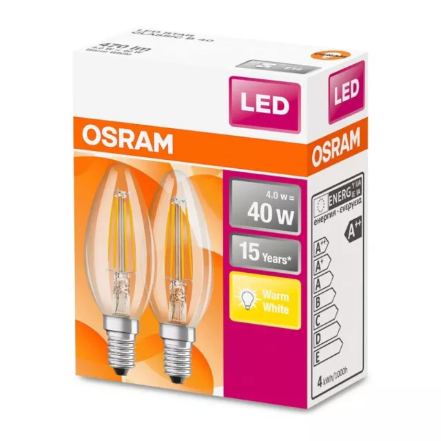 2 x Osram LED Filament Leuchtmittel Kerzen 4W =40W E14 klar 470lm warmweiß 2700K 3