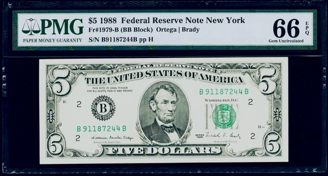 $5 1988 Federal Reserve Note New York Fr#1979-B PMG 66 EPQ Gem Uncirculated