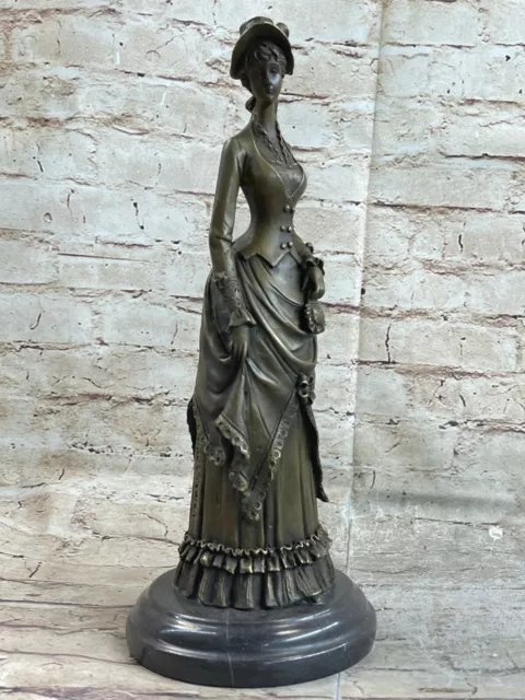 Vintage Victorian Maiden 100% Solid Bronze Marble Statue Sculpture Art