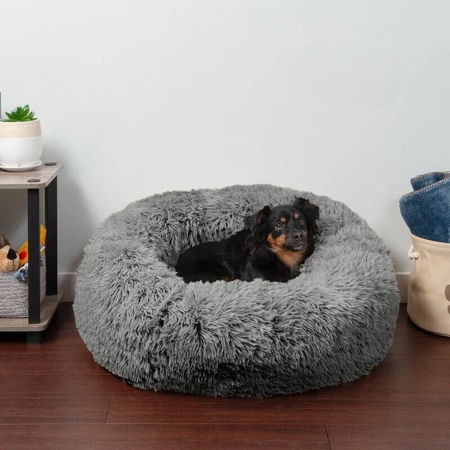 Medium Calming Cuddler Long Fur Donut Bed-Gray Medium (30" W x 30" D x 10" H)