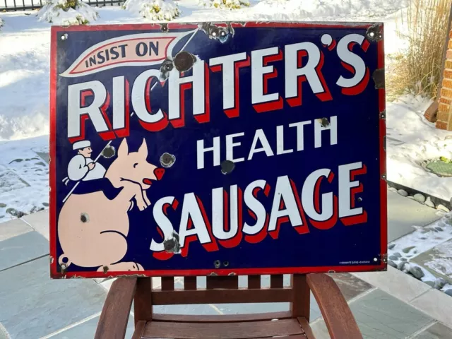 Antique Orignal Richter's SAUSAGE Hog PIG Advertising PORCELAIN SIGN Farm Enamel