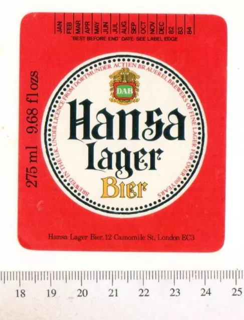 UK Beer Label - Hansa Lager Bier - London