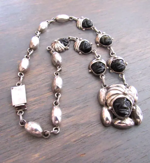 Vintage MEXICAN Hand Made SILVER Mayan/AZTEC BLACK ONYX CARVED FACE NECKLACE