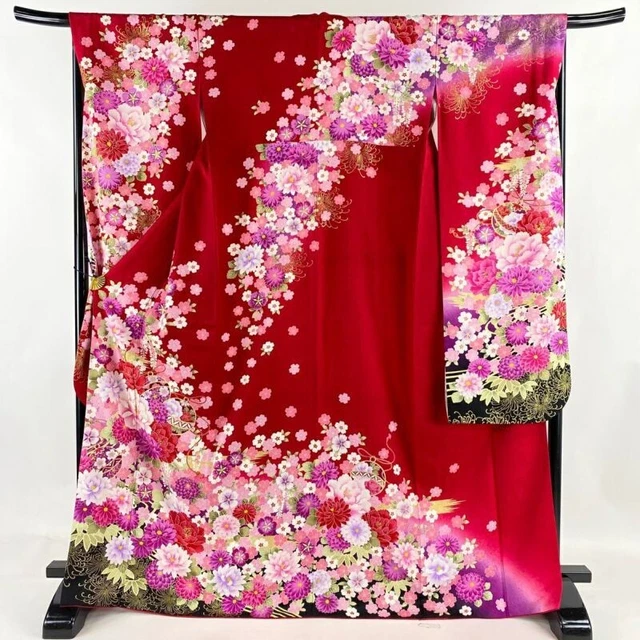Woman Japanese Kimono Furisode Silk Flowers Mari Gold Thread Foil Red