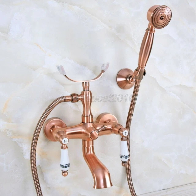 Antique Red Copper Wall Mounted Clawfoot Bath Tub Faucet Handheld Shower Lna377