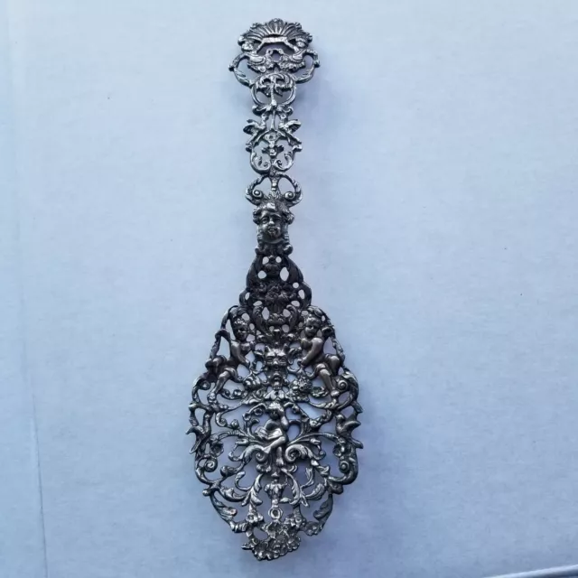Antique Silver Ornate Very Large Spoon With Devil, Angels Birds Cupids  As Is