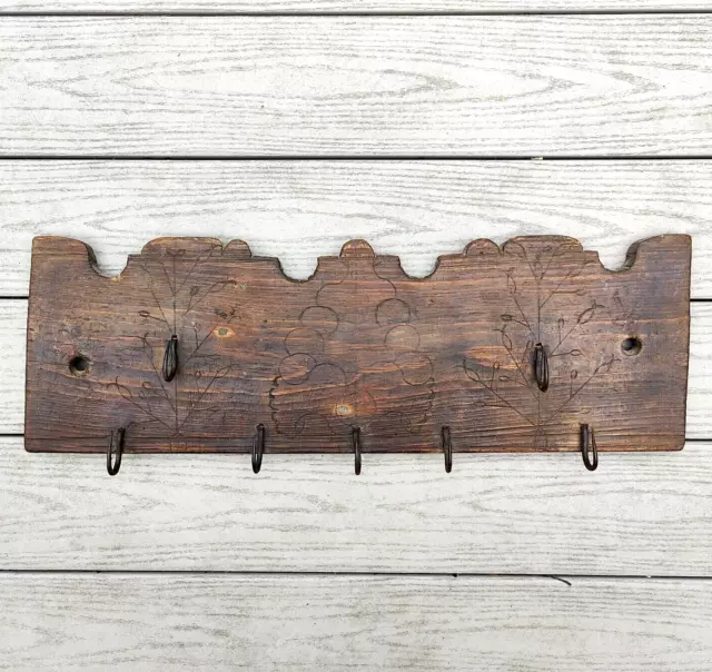 Antique 18th Century Primitive Wood Game Kitchen Coat Rack HAND CARVED & ETCHED