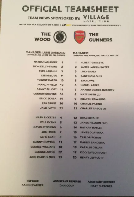 Boreham Wood v Arsenal XI Pre Season Friendly 29th July 2022 Teamsheet