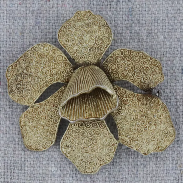 Vintage Theodor Fahrner Gold Vermeil Sterling Silver Orchid Flower Brooch Pin 2”