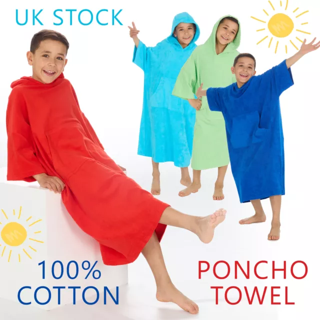 Kids Hooded Poncho Towel Childrens Beach Swimming Changing Robe 100% Cotton