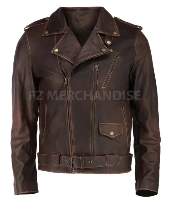 Giacca in pelle da uomo biker vintage effetto invecchiato Cafe Racer pelle di mucca