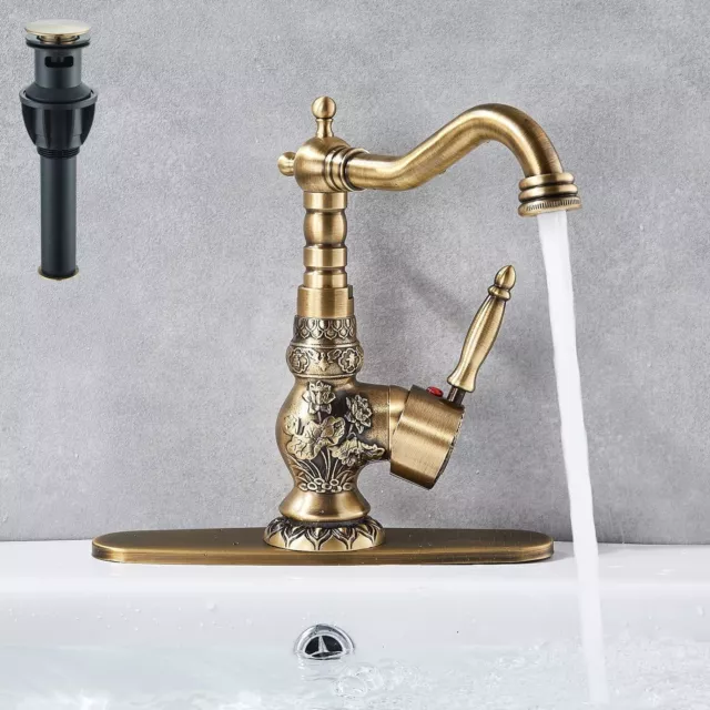 Antique Brass Bathroom Sink Faucet Swivel Spout Single Handle Mixer Tap w/ Drain