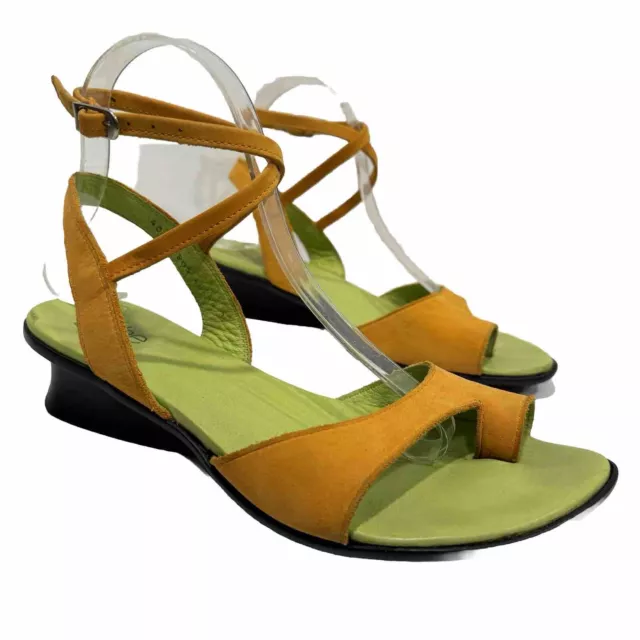 Arche Ankle Strap Sandals Yellow Nubuck Toe Loop Low Heels Womens Shoe Size 40 9