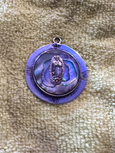 Vintage Pure .925 Sterling Silver Abalone Mother Mary Christian Pendant.