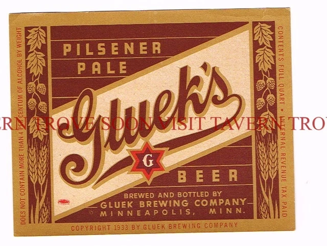 Unused 1940s NMT 4% IRTP Gluek's Beer QUART 32oz Label Tavern Trove Minnesota