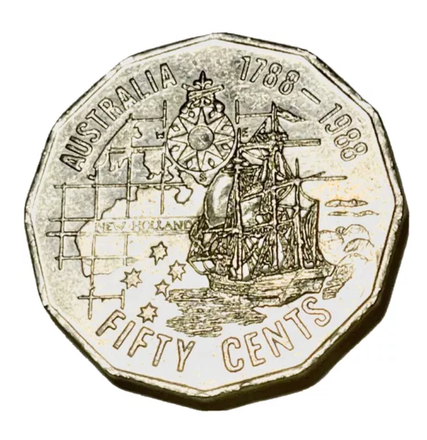 1988 Australian Bicentennial 50c ‘Endeavor’ First Fleet.  Fifty Cent circulated